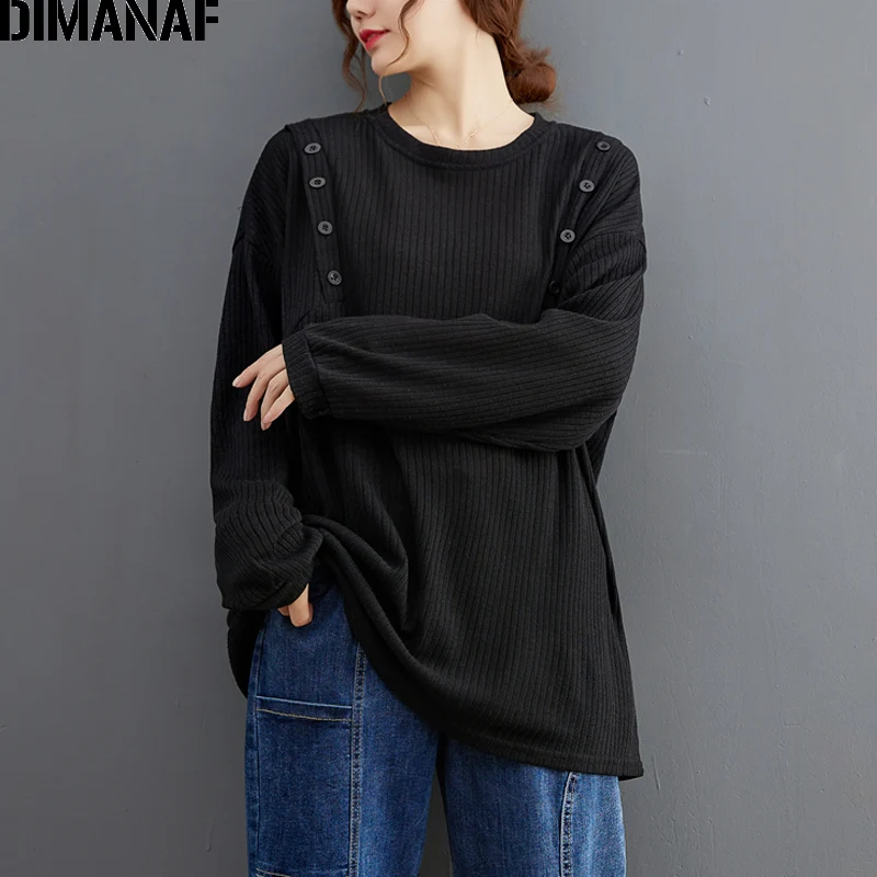 

Женская футболка с длинным рукавом DIMANAF, Повседневная Свободная трикотажная туника из хлопка на пуговицах, Базовая рубашка-топ для осени