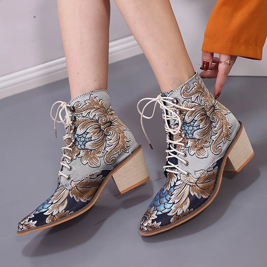 Зимние женские ботильоны сапоги в этническом стиле с острым носком на шнуровке