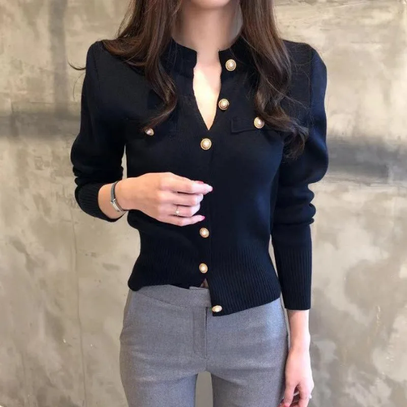 

Корейский осенне-зимний вязаный кардиган, шикарный свитер с двумя карманами, пальто, новинка 2021, Элегантная трикотажная куртка с зауженной ...