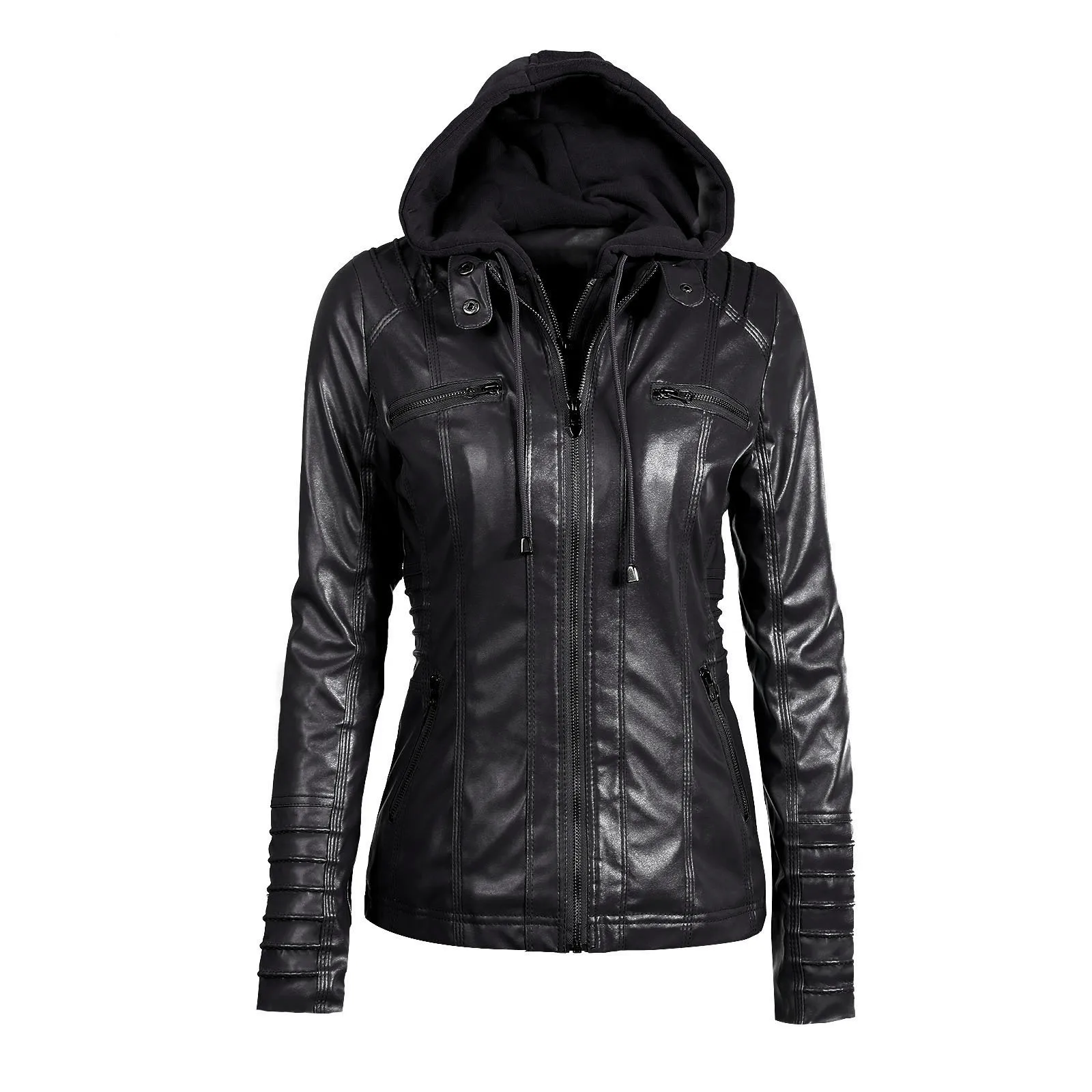 

FMFSSOM Plus Size L-7XL Women Casual Hooded Faux Leather Jacket Pu Motorcycle Hat Detachable Casual Leather Punk Outerwear