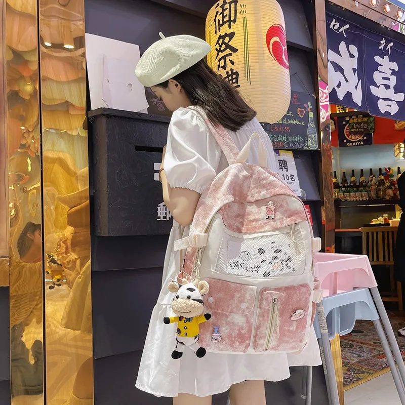 

School Backpack Harajuku Ulzzang Canvas Backpack Men High School College Students Plaid Ins Cute Large-capacity Backpacks