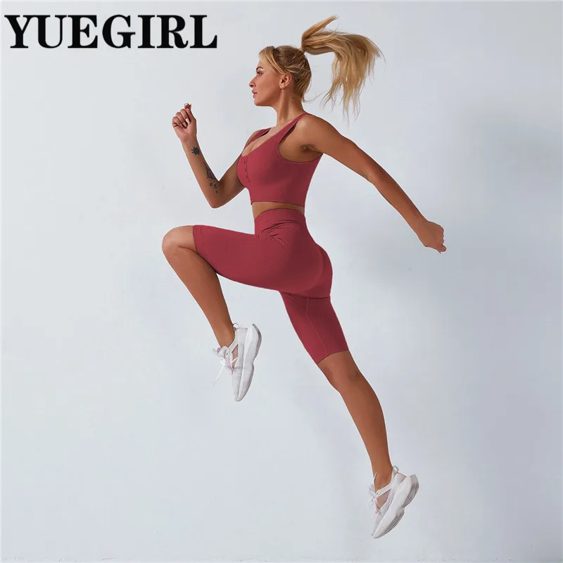 Вязаный бесшовный комплект для спортзала женская одежда фитнеса штаны топ