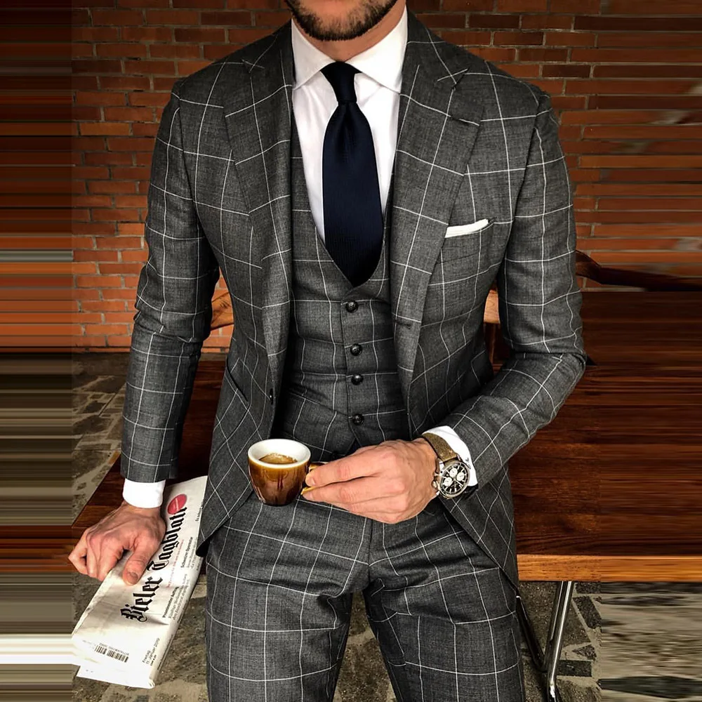 

Men's Formal Business Blazer Jacket Four Seasons Universal Gray Plaid Fashion Casual Suit Jacket Full Sleeve Button Slim