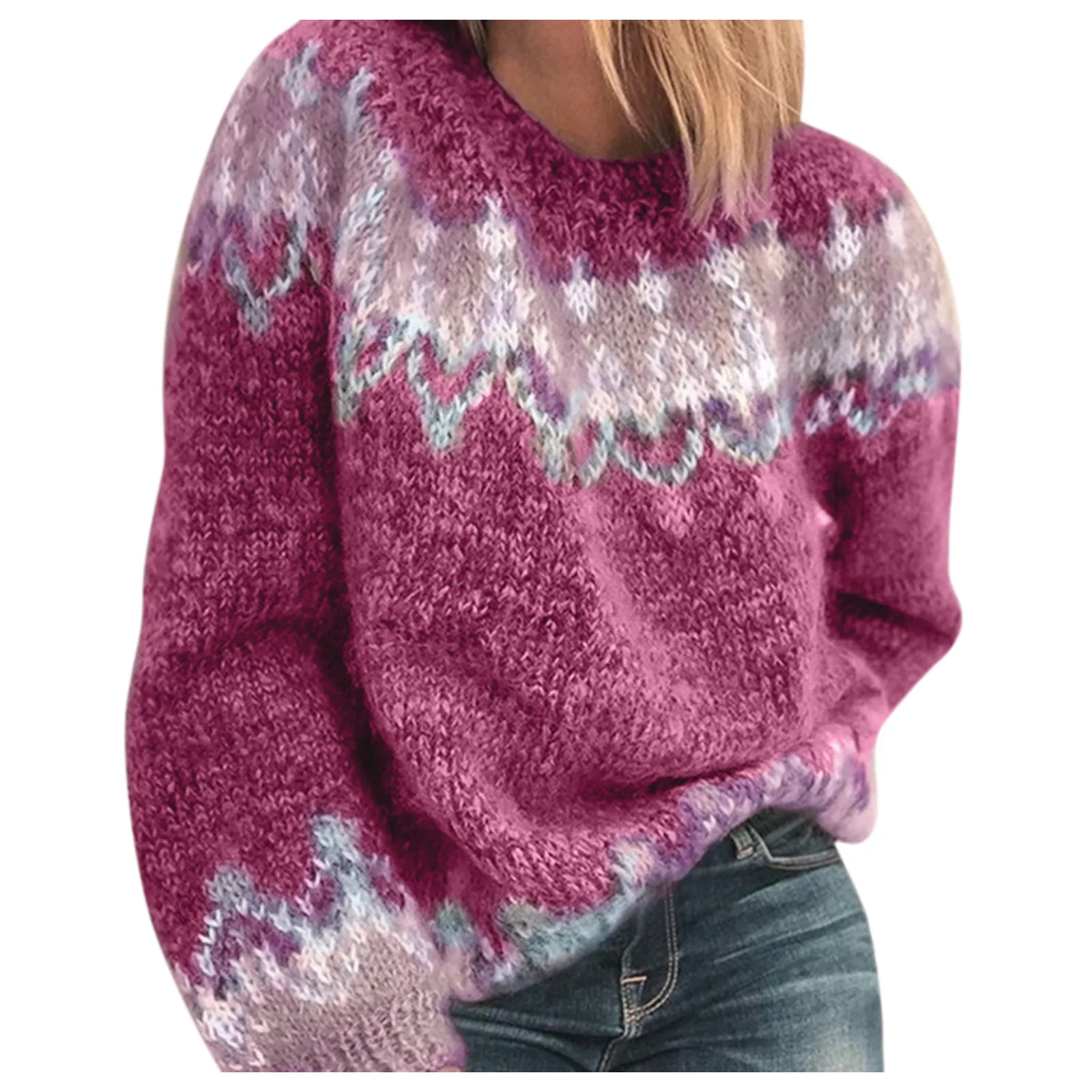 Women Sweater Fashion Ethnic Style Warm O-Neck Long Sleeve Plus Size Stitching Print Knitted Pullover Ropa De Mujer D27# | Женская