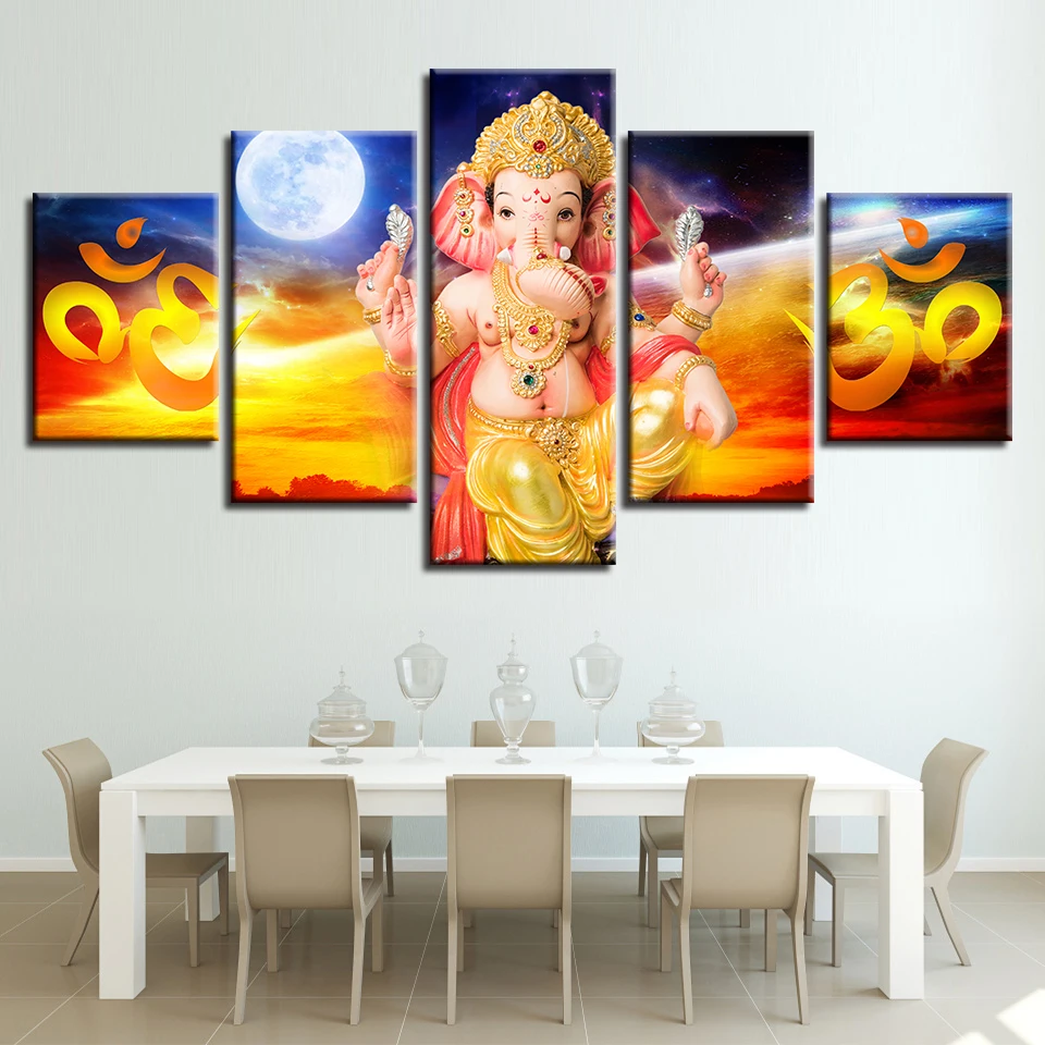 Рамочный плакат Картины модульного искусства 5 штук Слоновья хобот Бог Ганеши Холстовые картины Декор стены комнаты Современные HD печати.