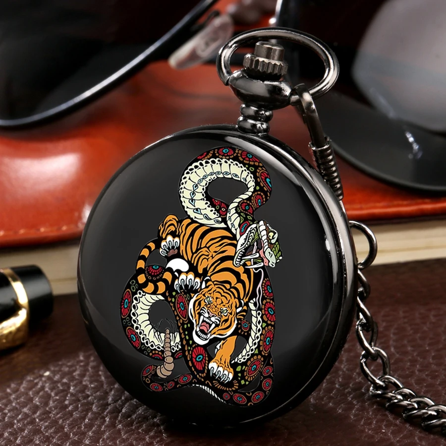 Tiger Snake Entwining Pattern Quartz Pocket Watch Chain Full Hunter Animal with Fob Best Gifts for Men Women reloj | Наручные часы