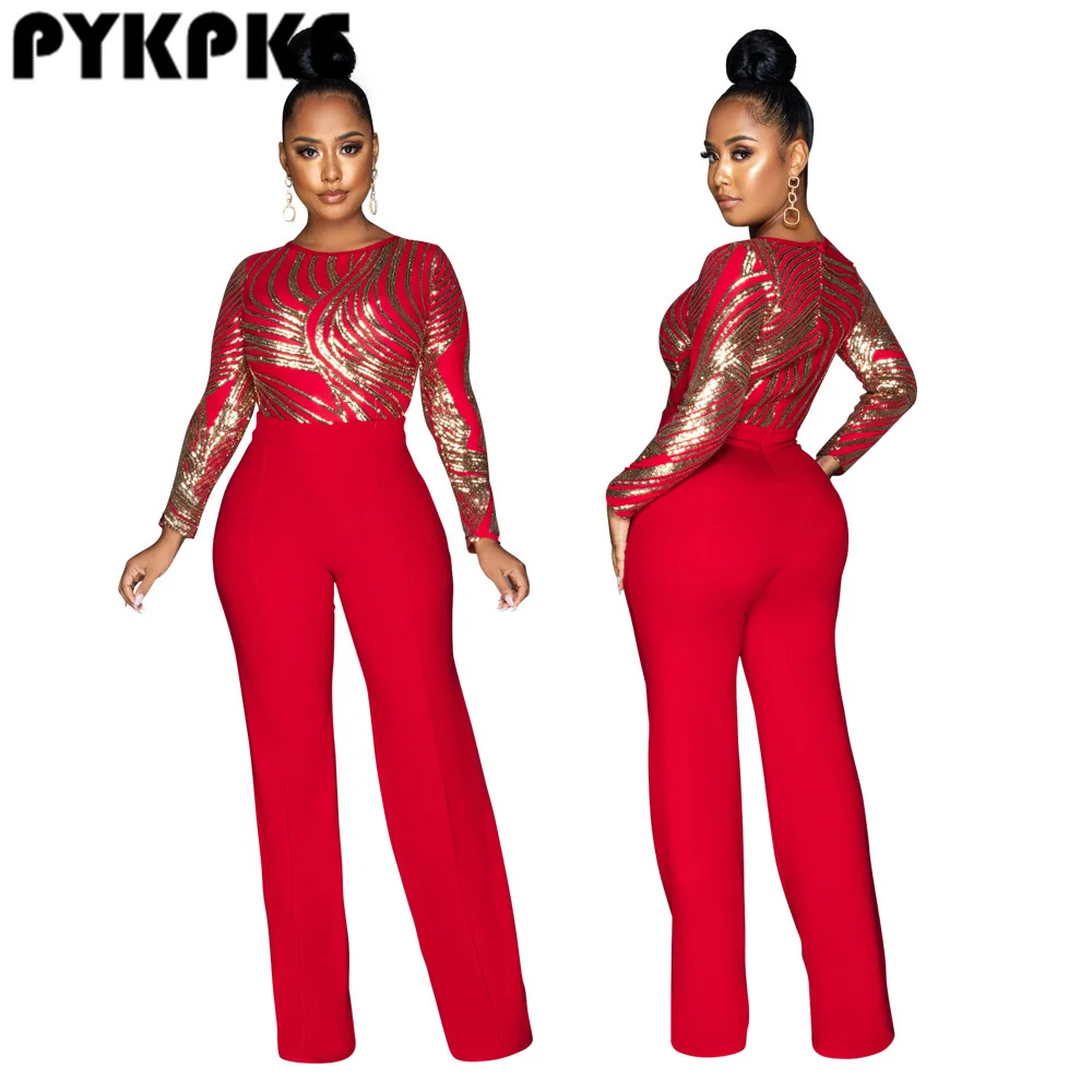 

Elegant Women Sequin Patchwork Long Sleeve Straight Jumpsuit Sexy Night Party Office Lady Romper