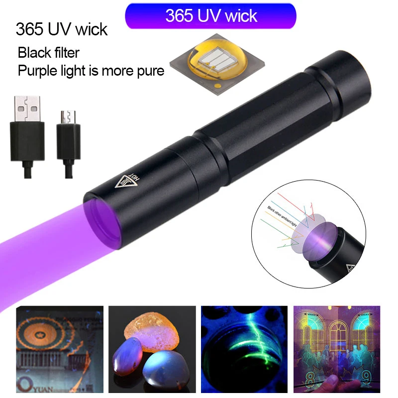 5 Вт Мини УФ фонарик 365nm Ультрафиолетовый черный USB Перезаряжаемые фиолетовый