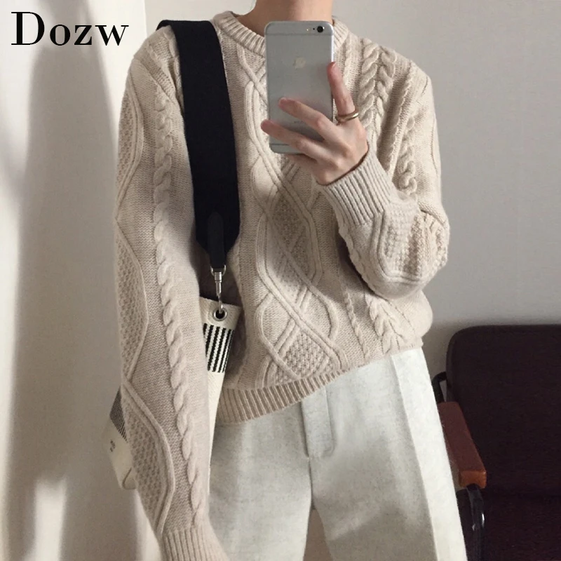 Осенне-зимний женский вязаный свитер 2019 однотонный пуловер с круглым вырезом и