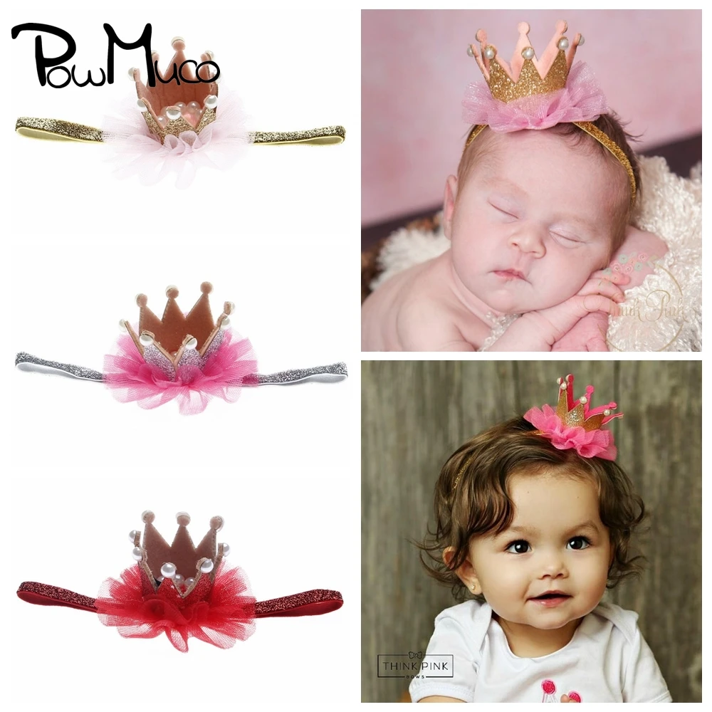 

Однотонная эластичная повязка на голову Powmuco для малышей, шикарная кружевная блестящая корона для новорожденных девочек, милые аксессуары для волос, подарок на день рождения