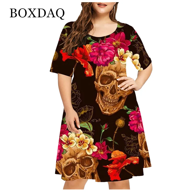 Halloween 2021 Summer Mini Dress Skull Flower Print Party Dresses Plus Size Women Clothing Short Sleeve Femme Vestido Robe Dress