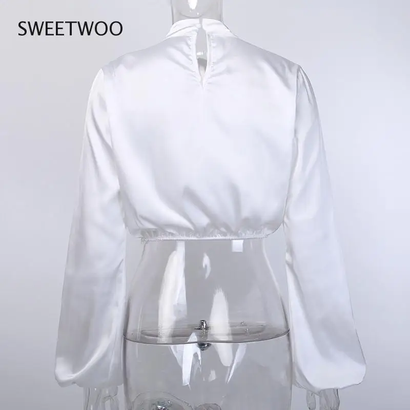 

Black Lantern Sleeve Hight Neck Satin Blouse Women Slim Solid Ruched Cropped Elastic Fashion Spring Elegant Ladies Top