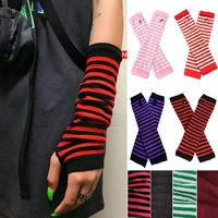 women striped elbow gloves warmer knitted long fingerless gloves elbow mittens