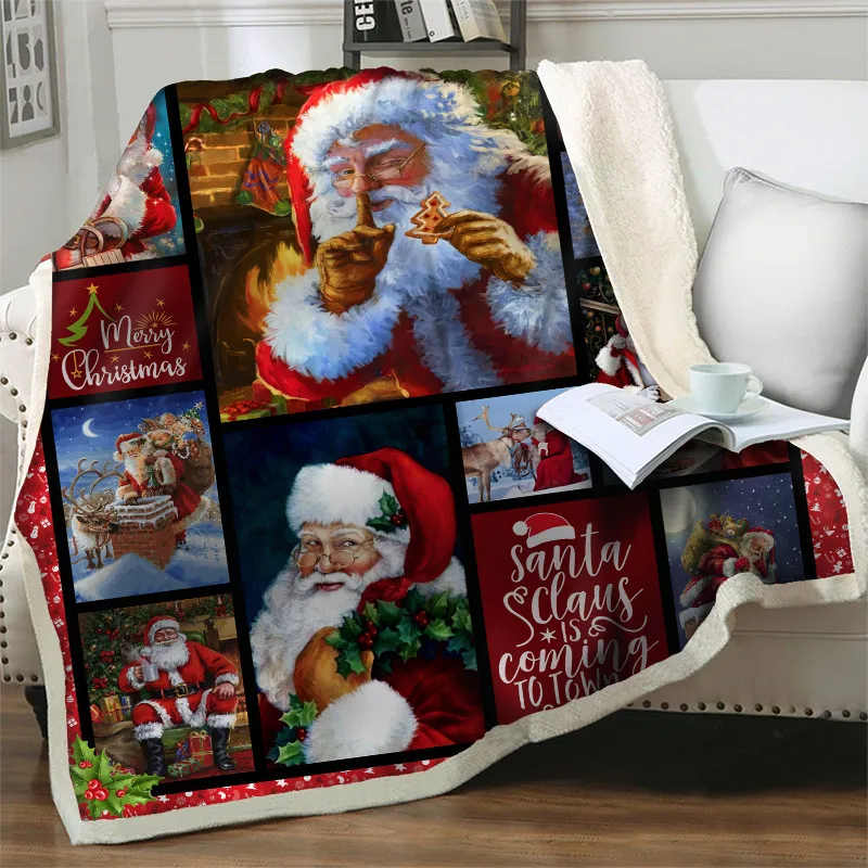 

Soft Warm Sherpa Throw Blanket Santa Claus 3D Printing New Year Gift Merry Christmas Travel Party Decoration Quilts Sofa Bedding