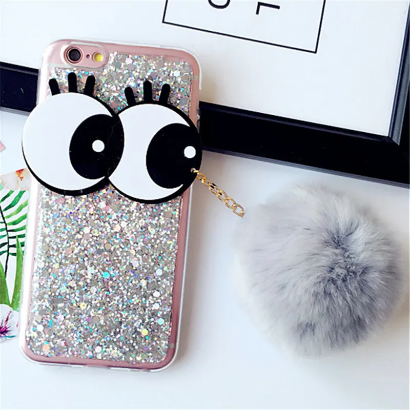 Для iPhone 6 6S 7 8 Plus X XR XS Max 11 Pro Bling Big Eyes миленький плюшевый кролик помпон меховой шар