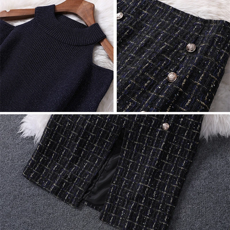 

2019 New Autumn Winter Skirt 2piece Set Women Designers Runway Suit Flare Sleeve Off Shoulder Sweater and Tweed Woolen Skirt Set