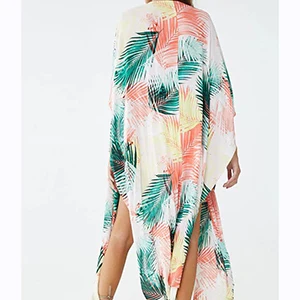 Print Leaf Пляжный халат de Plage, женская одежда для плавания, хлопковая туника для пляжа, Эротичная саронг кафтан бикини, Платье Макси - Цвет: Print Leaf