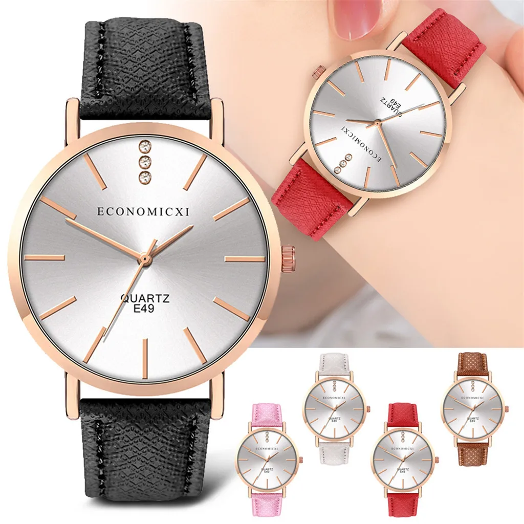 Модные женские часы с кожаным ремешком кварцевые аналоговые круглые наручные