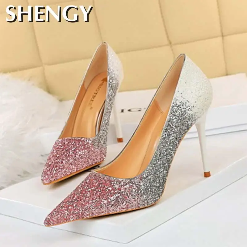 

2020 New Women's High Heels Ladies Thin High Casual Pointed Toe Gradient High Heels Females Shallow Sexy Party Office Shoes