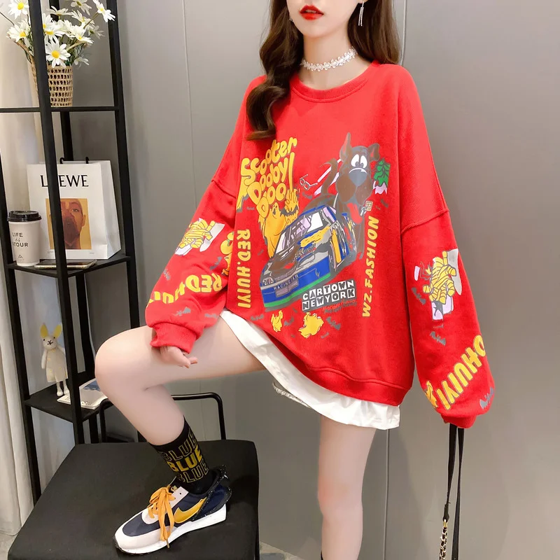 

2021 New Retro Top Cartton Print Hoodie Women Loose Streetwear Sweatshirt American Retro Oversized Pullover Harajuku Hoodie
