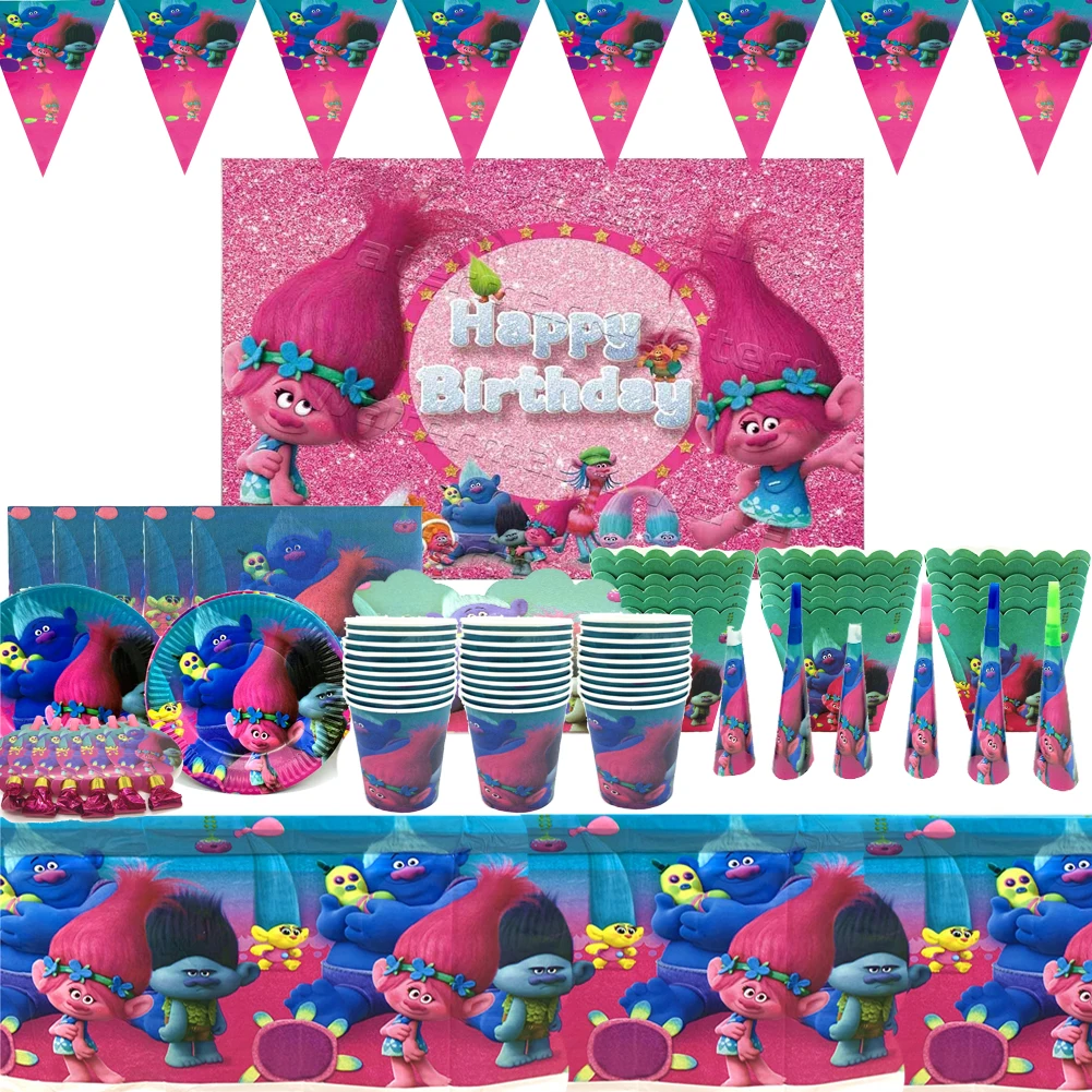 Magic Hair Trolls Birthday Party Supplplies Baby Shower Trolls Party Supplies Cup Plate Flag Hat Trolls Party Decorations