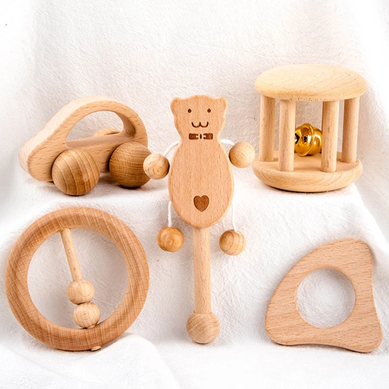 

5Pcs Newborn Baby Wooden Rattles Toys Infants Teether Hand Bell Gift Toddler Early Educational Music Toy
