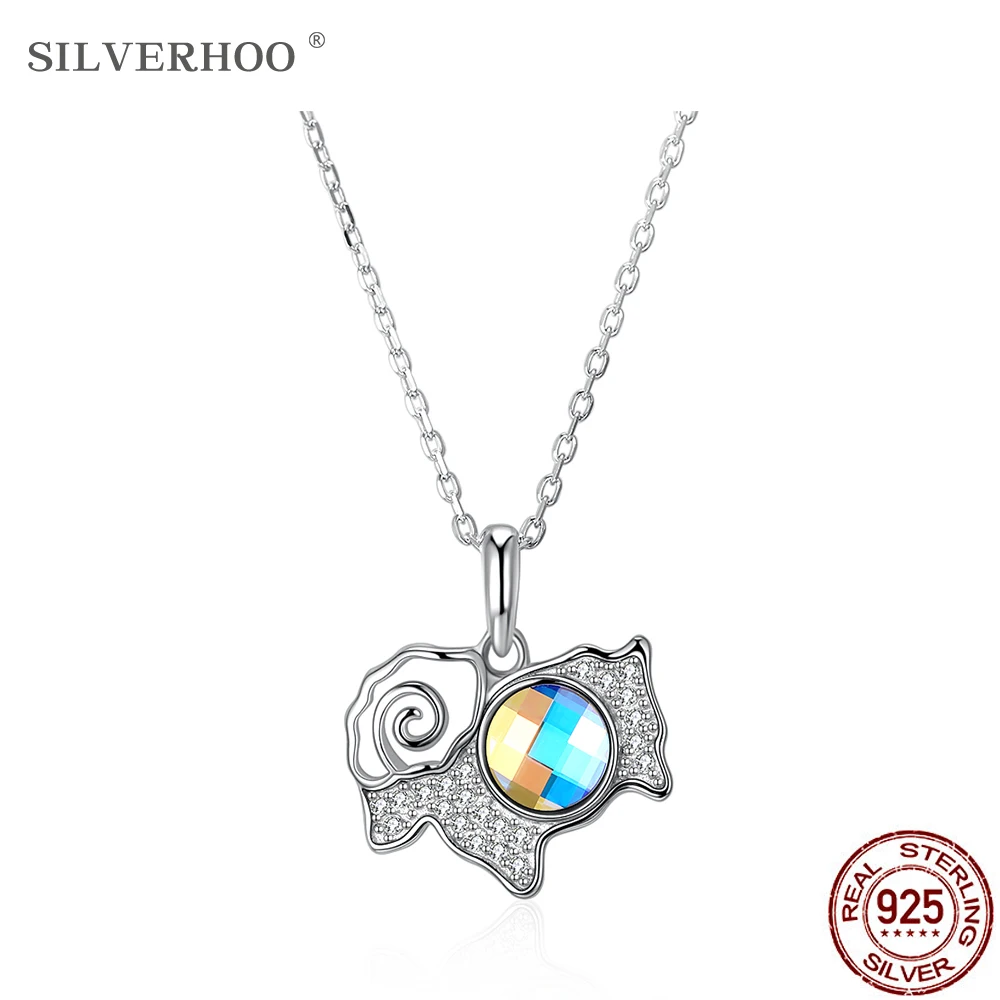 

SILVERHOO Cute Sheep Animal Pendant Necklace Sterling Silver 925 Jewelry Dazzling Austria Crystal Necklaces For Women Party Gift