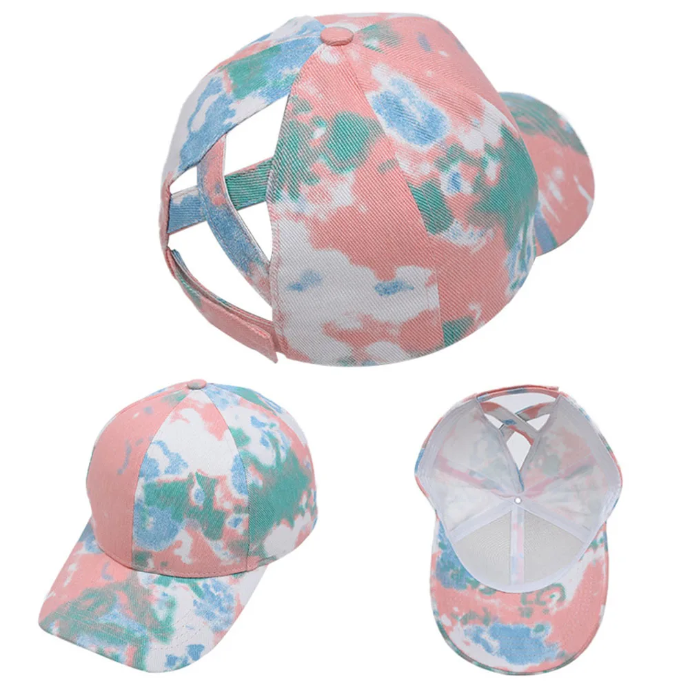 

Women Baseball Cap Tie Dye Summer Cotton Blend Sunhat Portable Sports Criss Cross Ponytail Sun Hat Adjustable Casual Cap