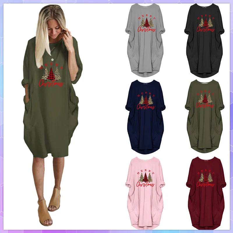 

Красное рождественское женское платье с Санта-Клаусом, свободные элегантные вечерние платья с длинным рукавом, женская одежда