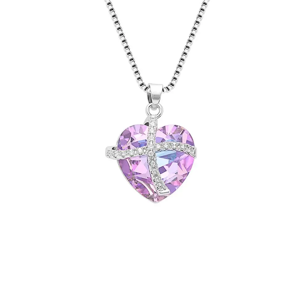 Фиолетовая подвеска в виде сердца с фианитами ожерелье женское белое золото