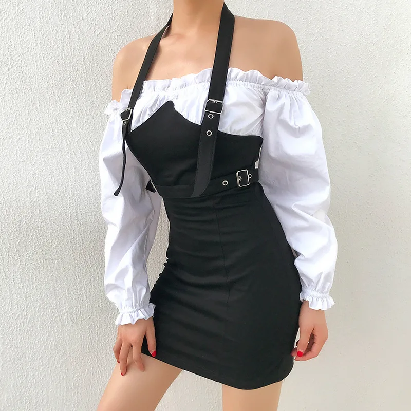 Осеннее модное облегающее пикантное платье JIEZuoFang контрастных цветов с длинным