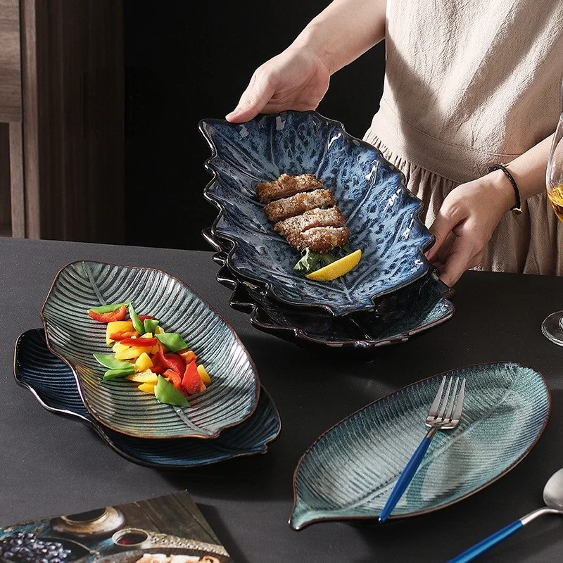

Creative Ceramic Dinner Plate Large Irregular Leaves Fish Dish Sushi Salad Tray Home Restaurant Dinnerware Serving Tableware