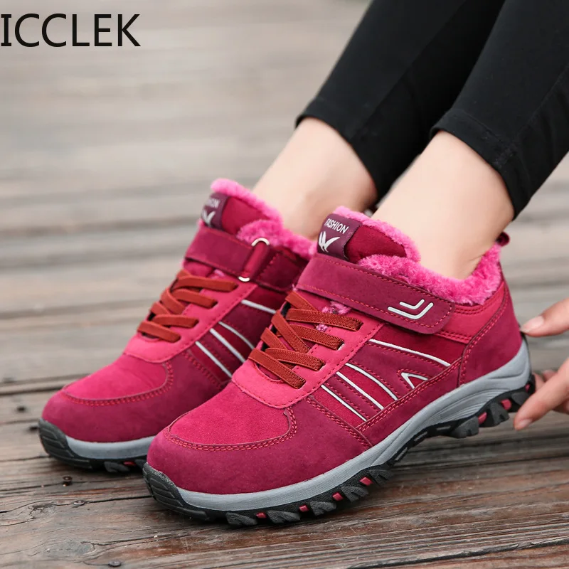 

Зимние женские ботинки из коровьей замши, теплые женские ботинки для снега, Женская рабочая повседневная обувь, высокие Нескользящие ботил...