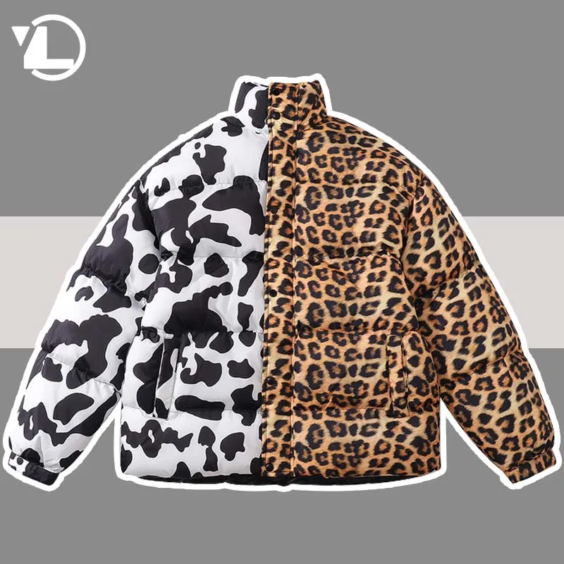 

Winter Warm Parkas Men Leopard Cow Pattern Patchwork Street Hip Hop Thicken Cotton Jackets Women Warm Windbreaker Oversized Coat