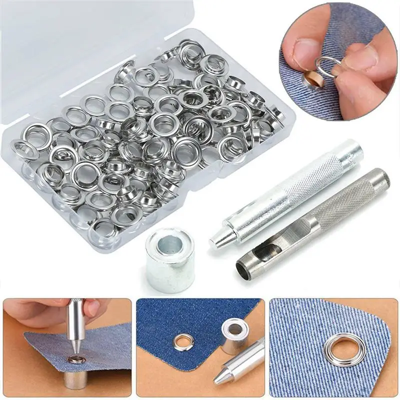 

100PCS Eyelet Ring For Cleat Core Canvas Leather DIY Buttonhole Piercing Tool Kit With A Metal Installation Tool Storage Box