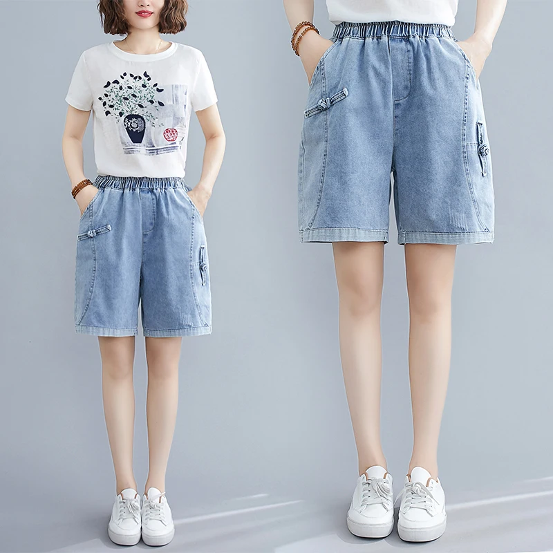 

Художественный с пряжкой в стиле ретро; Сшитые джинсовые шорты женская летняя обувь толстая для похудения с завышенной талией, свободные, п...