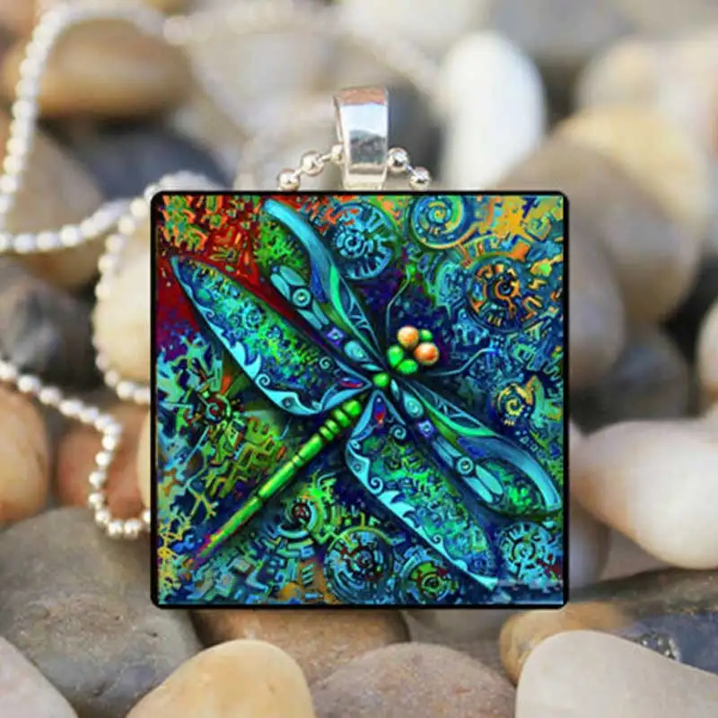 

Square Dragonfly Time Treasure Box Neutral Necklace 2021 New Painted Owl Blue Agonfly Insect Glass Pendant Necklace Jewelry
