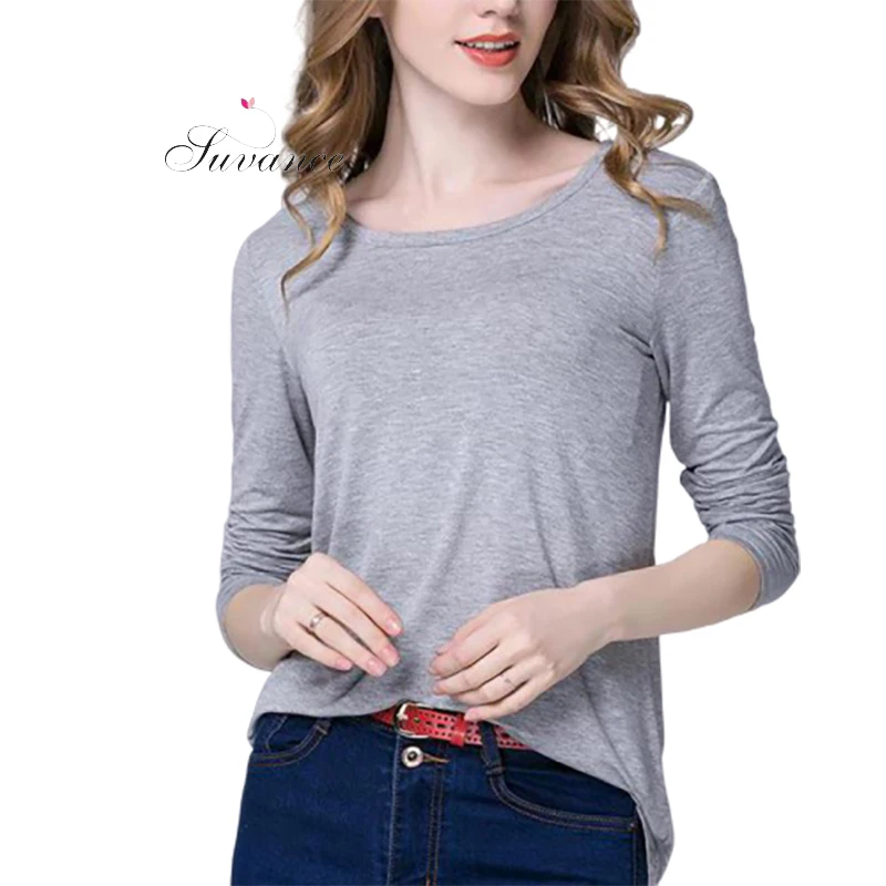 Осенние однотонные Модные свободные женские топы с длинным рукавом и круглым