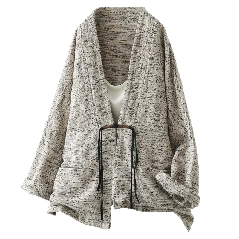 

Women Elegant Chinese Style Single Button v Neck Knot-Buttons Jacket Vintage Loose Short Jacket Female Three Quarter Sleeve Tops