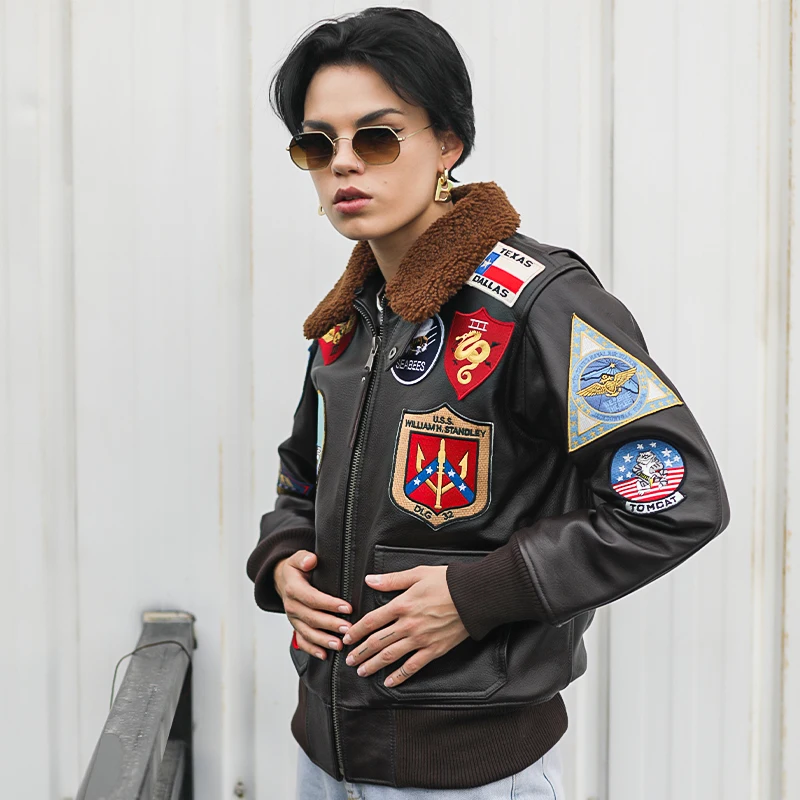 Черная куртка из натуральной кожи пилотов в стиле военных женщин TOP GUN размера плюс 3XL из натуральной кожи скота на зиму.
