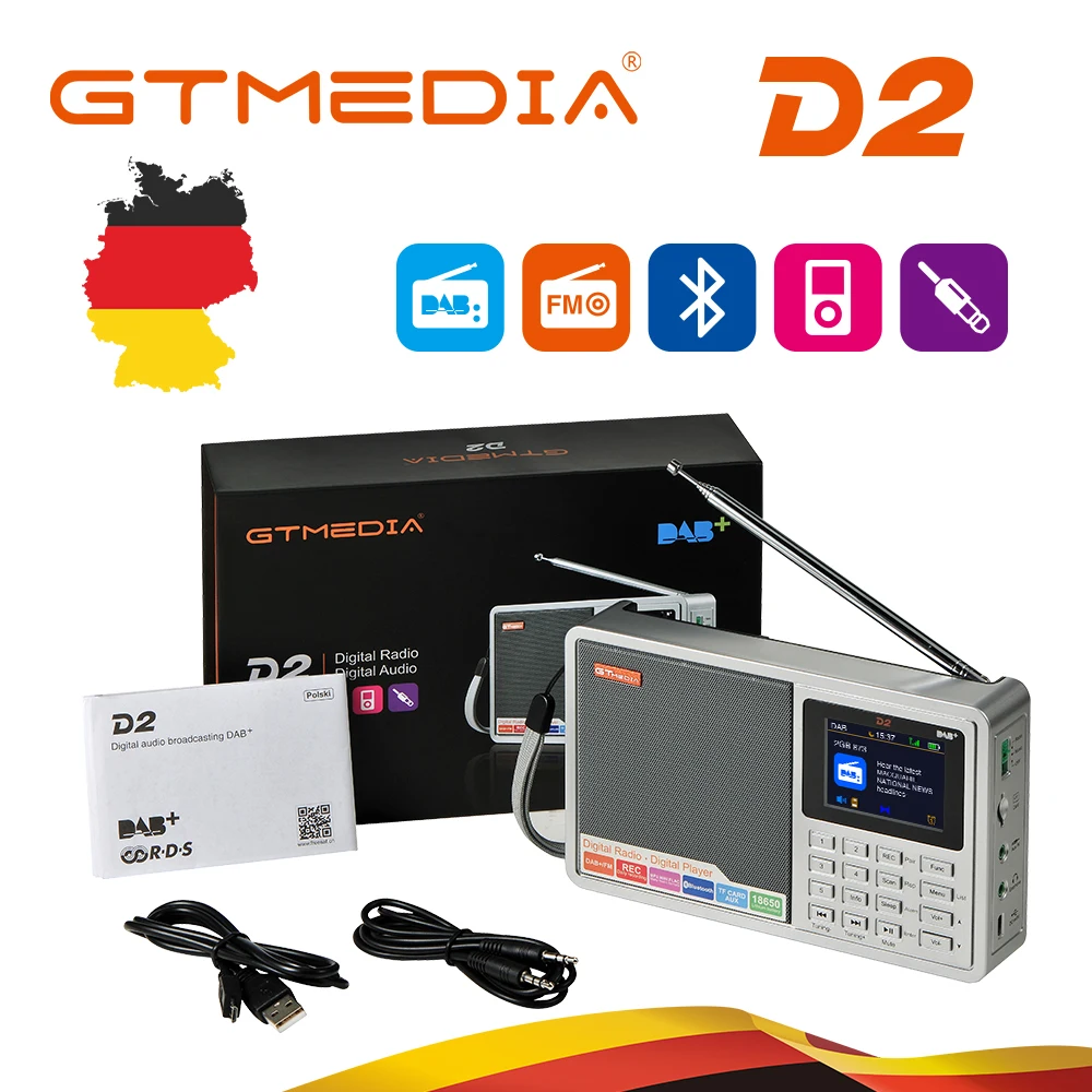 Портативный радиоприемник GTMEDIA D2 с поддержкой Bluetooth и аккумулятором