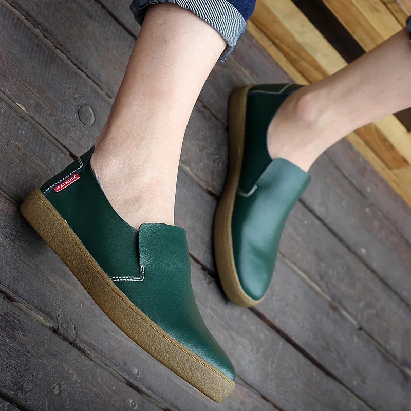 Мокасины мужские из мягкой кожи бычья подошва без застежки удобная обувь для