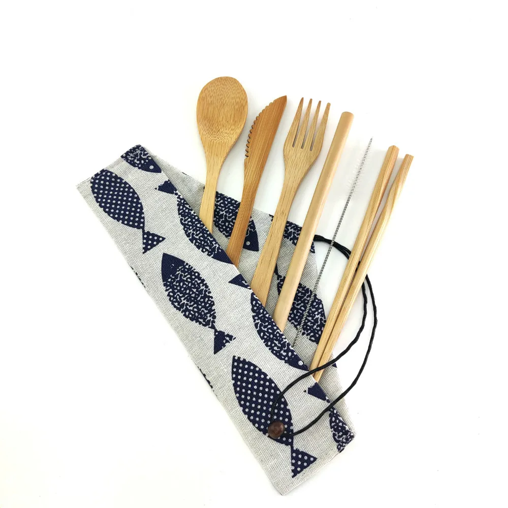 Portable Eco Friendly Flatware Set 7PCS Bamboo Cutlery Knife Fork Spoon Reusable Straws Chopsticks Travel Utensils | Дом и сад