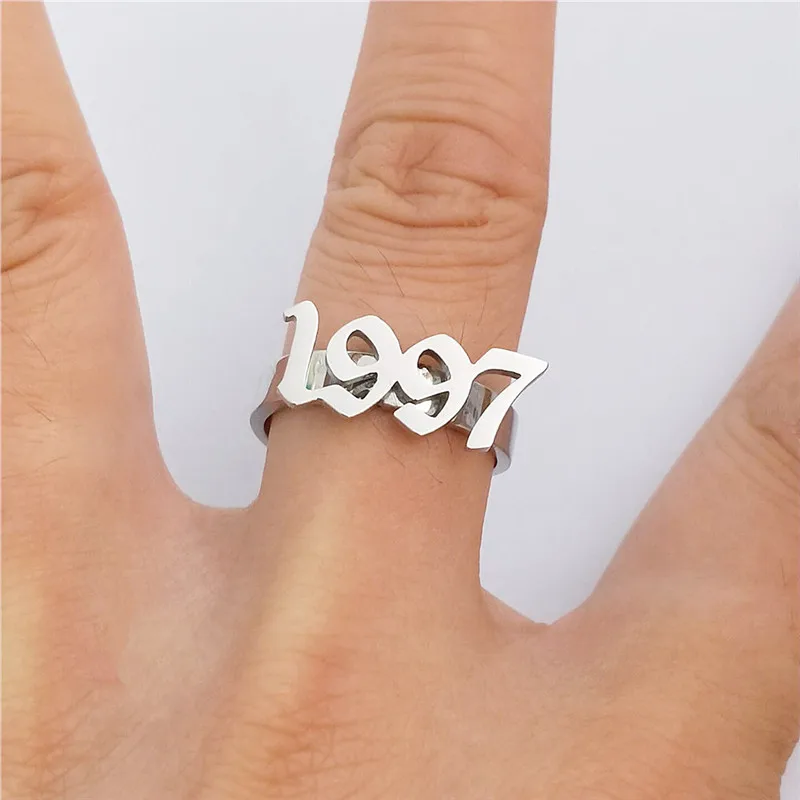 

Birth Year Rings Women Men Birthday Gift Personalized Old English Name Rings Stainless Steel Free Size Gold Number Anel