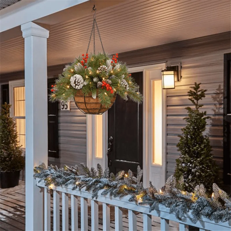 Cesta colgante de Navidad Artificial, flocada, con decoraciones mezcladas y LED blanco-5