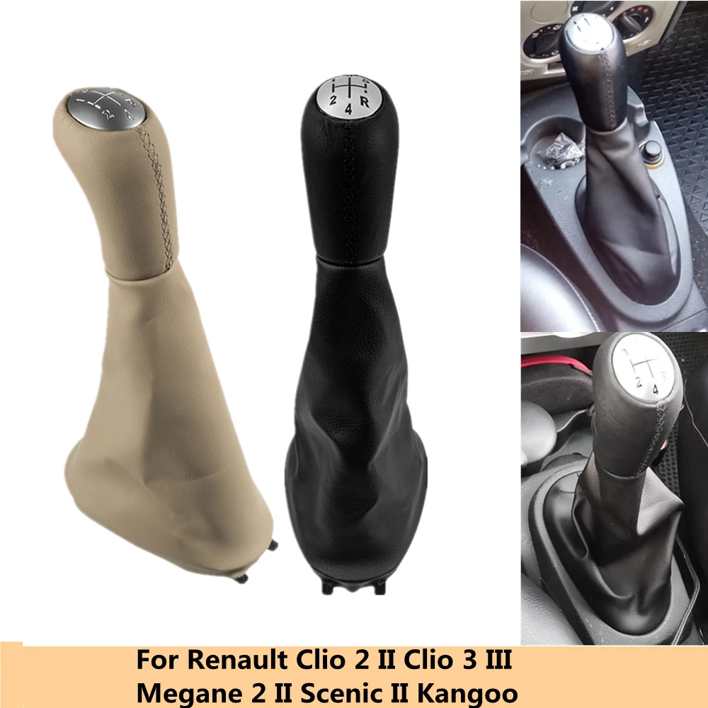 

Leather Gear Shift Knob Lever Shifter Gaiter Boot Cover For Renault Clio 2 II Megane II Kangoo Beige Black