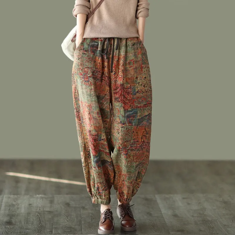 2021 Spring New Arts Style Women Elastic Waist Loose Ankle-length Pants Vintage Dyeing Cotton Linen Harem Pants Femme V227
