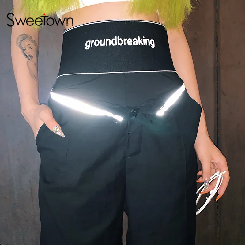 Sweetown Черный цвет; Большие размеры женские брюки с широкими штанинами, с пояском и Повседневное лоскутное Светоотражающие в полоску, с высокой талией, штаны в уличном стиле