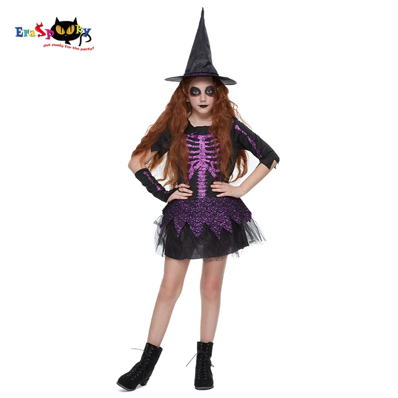 

Eraspooky Gothic Witch Cosplay Horror Skeleton Dress Girls Halloween Costume For Kids Purple Glitter Bone Tutu Skirt Witch Hat