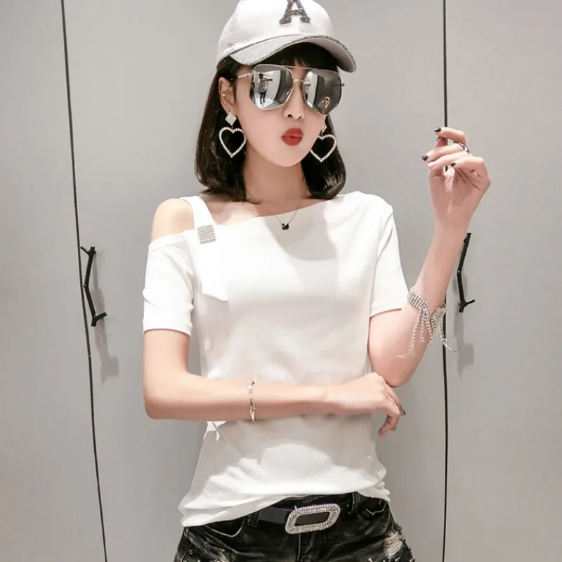 

Summer Sexy Off Shoulder Womens T-shirt Cotton Diamonds Slim Fit Tops Short Sleeve Casual Tees Solid Color T-shirts Leisure Tee